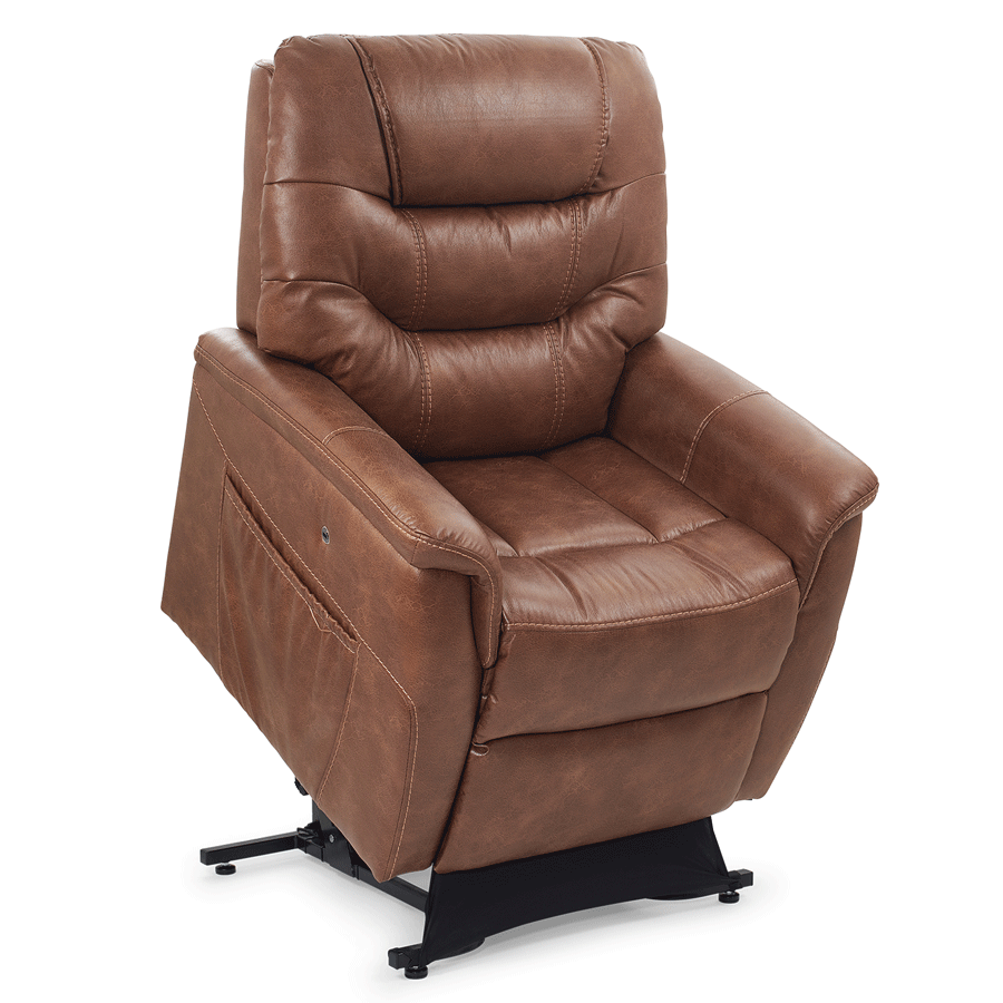 UltraComfort UC476-M Marabella Explorer 4 Zone Zero Gravity Power Lift Chair in acorn color shown lifted position for easy standing assistance.