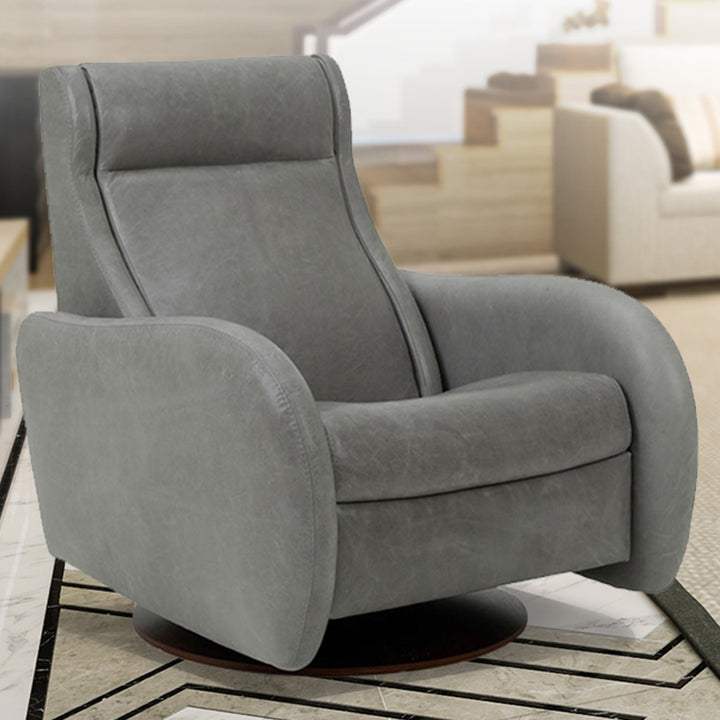 American Leather Comfort Air Nova Echo Recliner in gray suede, featured in a modern living room with neutral furniture and geometric rug from Wish Rock Relaxation