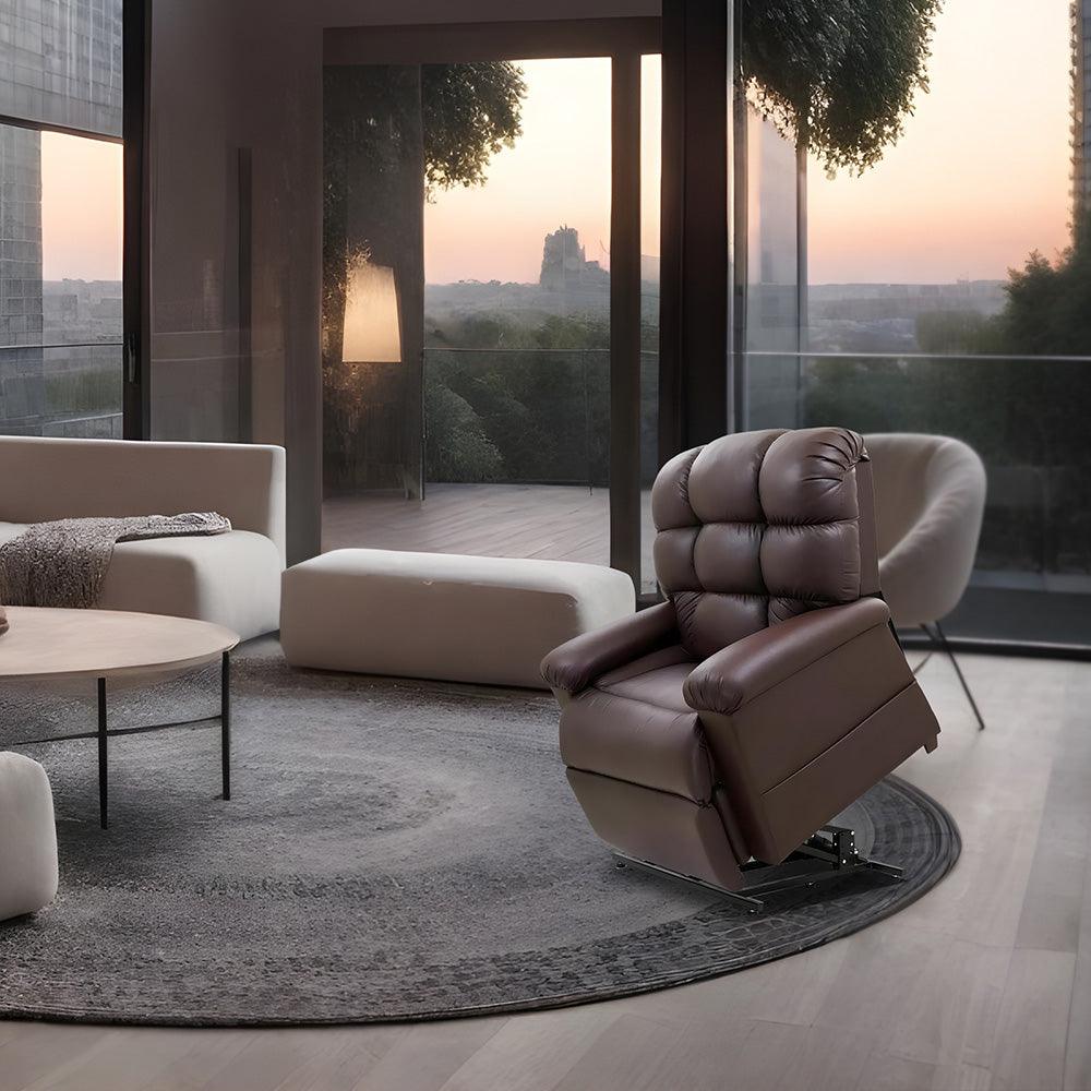 UltraComfort UC556-M26 Vega Medium/Wide Size 2 Zone Zero Gravity Lift Chair in Sinda fabric Umber; lifestyle image in an inviting room from Wish Rock Relaxation