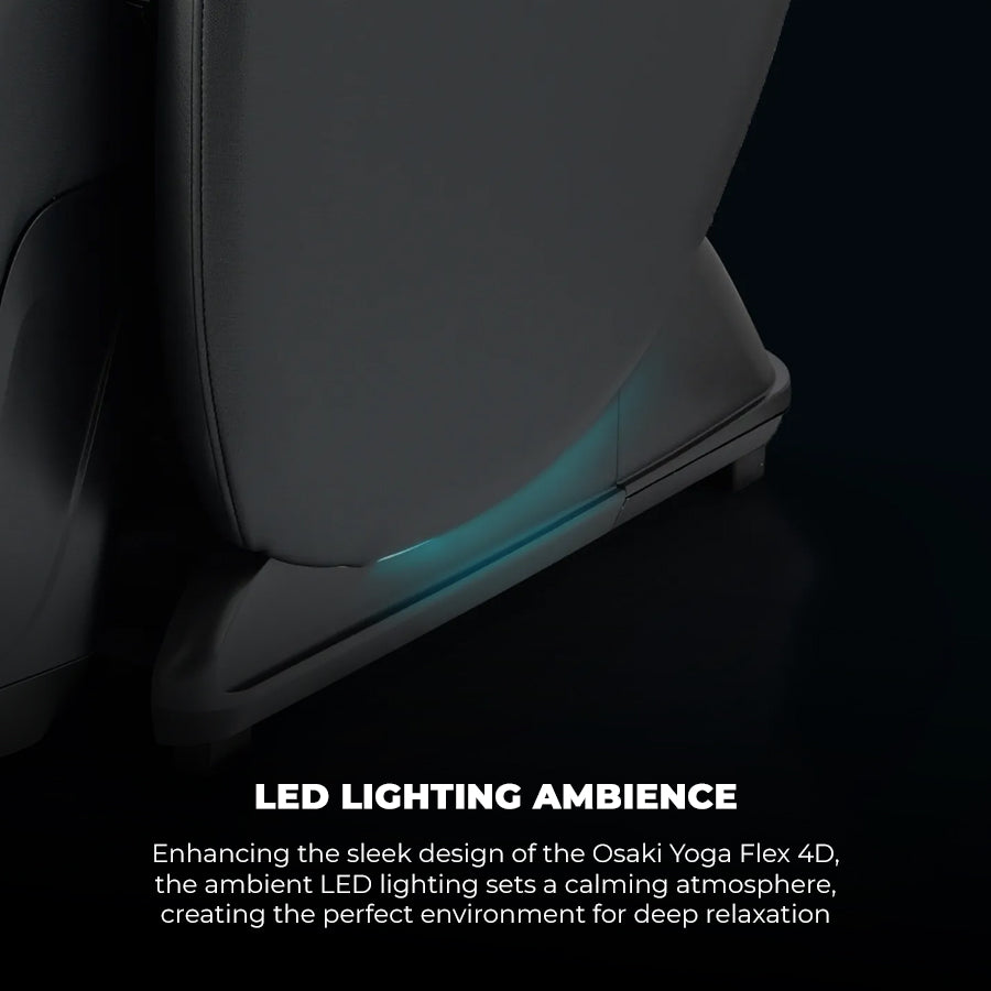 Osaki YogaFlex 4D Massage Chair ambient LED lighting along base for relaxing atmosphere from Wish Rock Relaxation.
