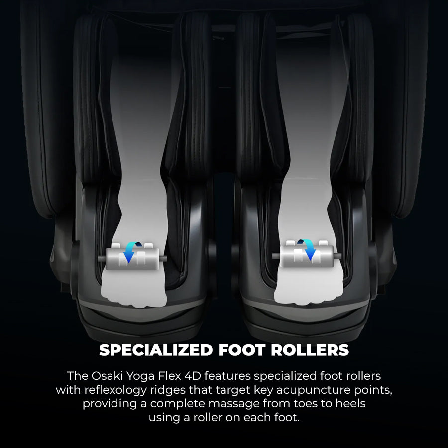 Osaki YogaFlex 4D Massage Chair specialized foot rollers with reflexology ridges for full foot massage from Wish Rock Relaxation.