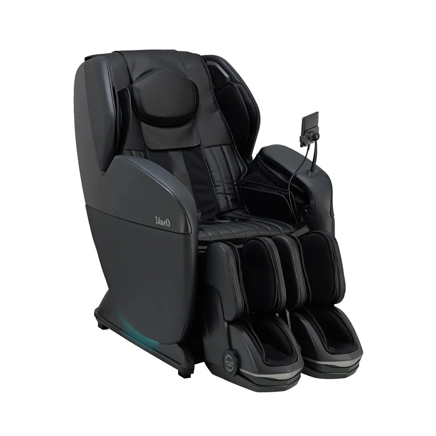 Osaki YogaFlex 4D Massage Chair in black with quilted padding and side-mounted remote from Wish Rock Relaxation.