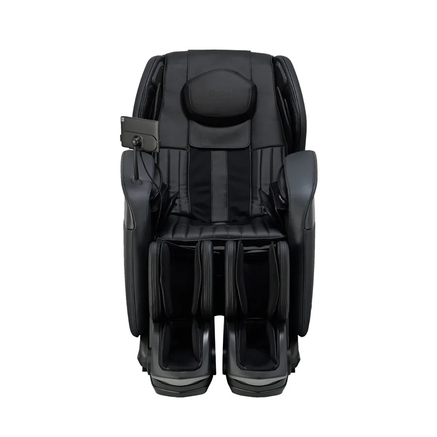 Osaki YogaFlex 4D Massage Chair in black front view with padded seat and calf massager from Wish Rock Relaxation.