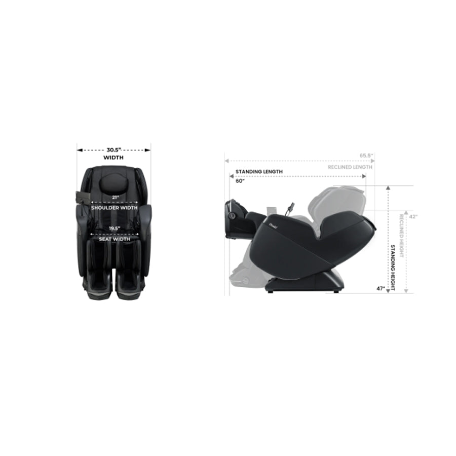 Osaki YogaFlex 4D Massage Chair dimensions chart with seat width, shoulder width, and reclined measurements from Wish Rock Relaxation.