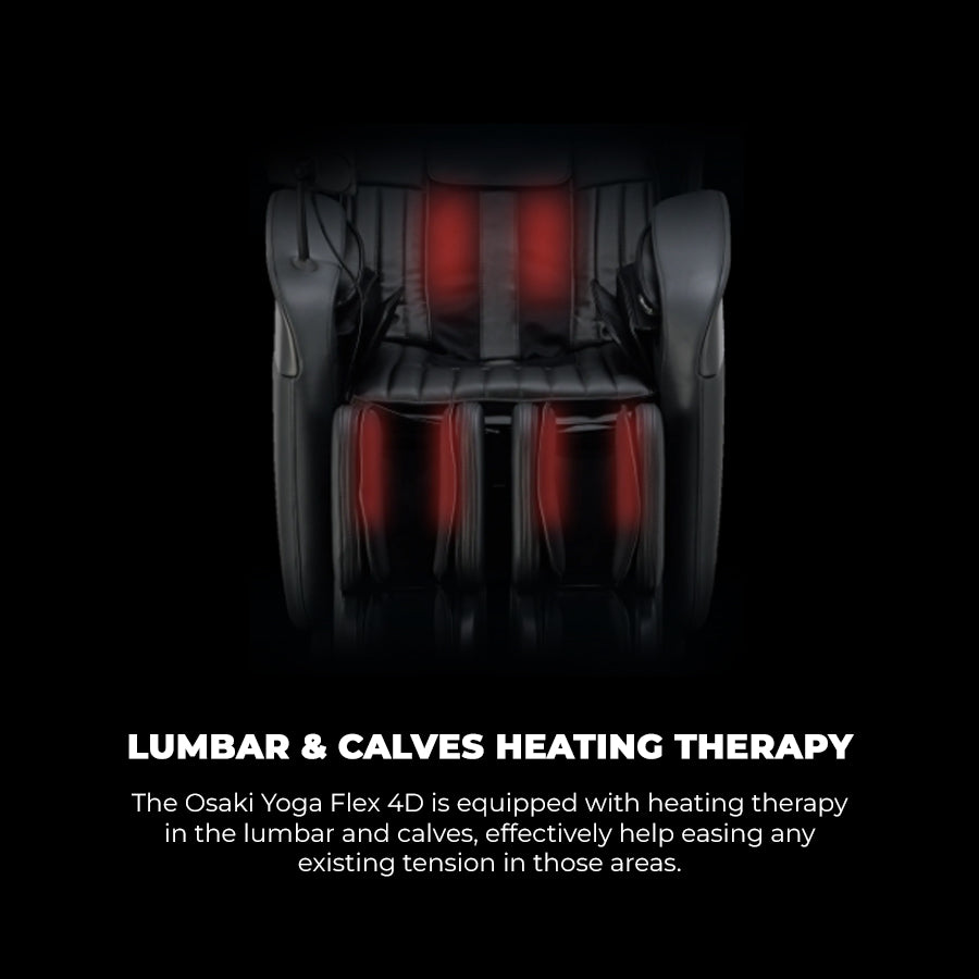 Osaki YogaFlex 4D Massage Chair - chest shawl and calf heating therapy with red heat zones from Wish Rock Relaxation.