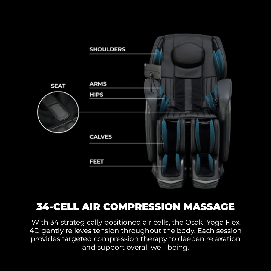 Osaki YogaFlex 4D Massage Chair 34-cell air compression massage targeting shoulders, arms, hips, calves, and feet from Wish Rock Relaxation.
