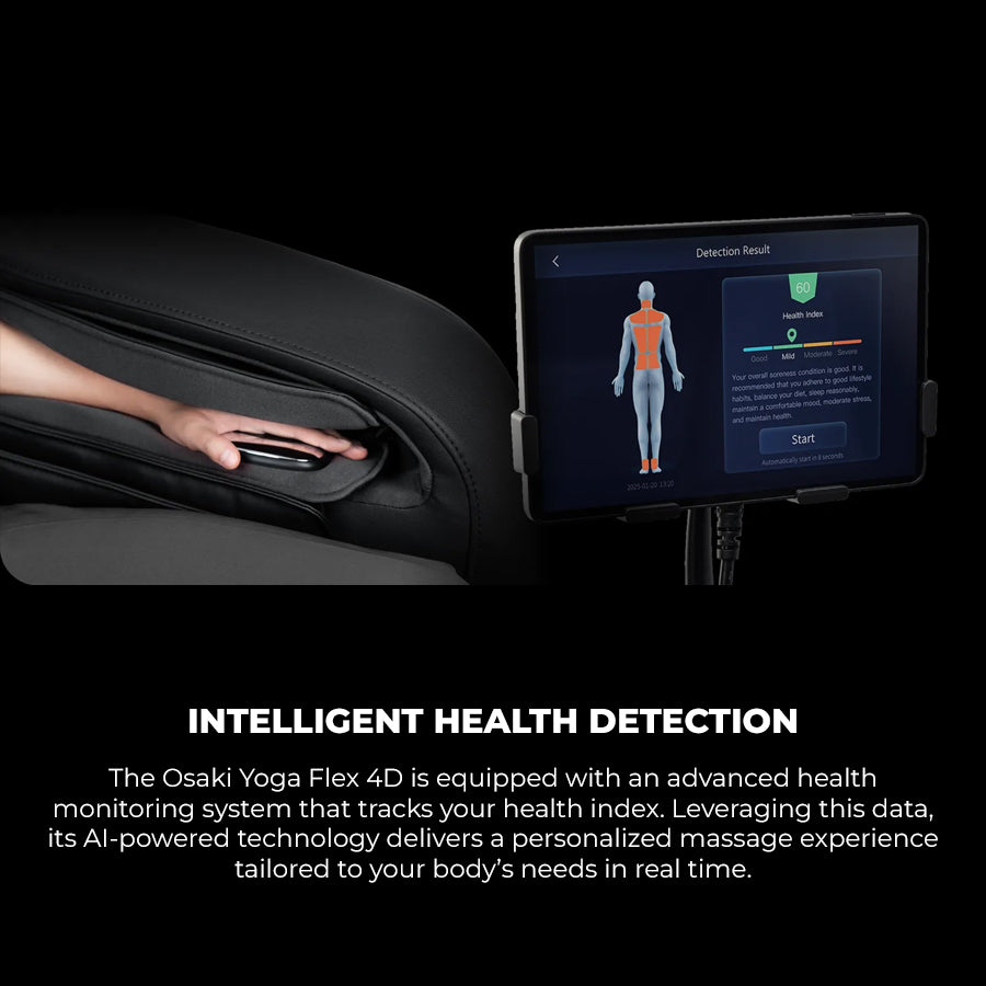Osaki YogaFlex 4D Massage Chair AI-powered intelligent health detection system with touchscreen health index display from Wish Rock Relaxation.