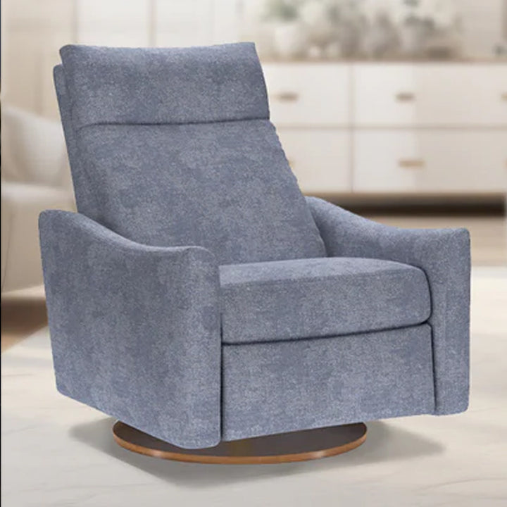 American Leather Comfort Air Ontario Echo Recliner in blue fabric, set in a serene modern bedroom with neutral tones and soft natural light from Wish Rock Relaxation