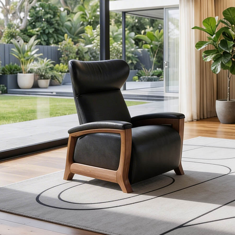 Svago Motion Mastery Lounge Chair SV700 in carbon leather with natural wood base in modern living room from Wish Rock Relaxation.