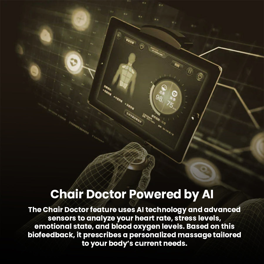 JPMedics KaZe Duo Massage Chair showing AI-powered body scan and health data on the touch-screen tablet.