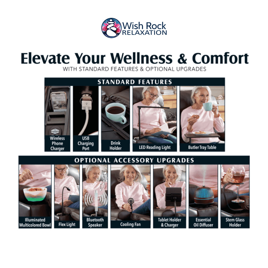 UltraComfort™ UC566 Maya Medium Wide 4-Zone Power Lift Chair features and upgrade options from Wish Rock Relaxation.