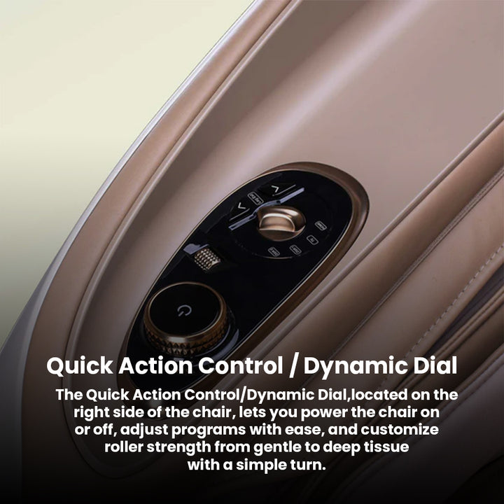 JPMedics KaZe Duo Massage Chair luxury armrest control panel with metallic rotary dial and intuitive touch buttons.