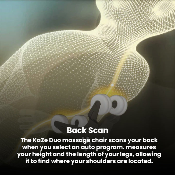 JPMedics KaZe Duo Massage Chair 3D body scanning animation with dual roller mechanism highlighting precision massage tracking in KaZe Duo chair.