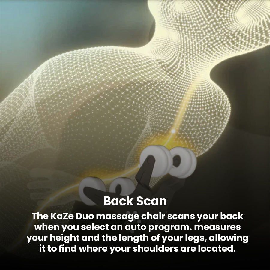 JPMedics KaZe Duo Massage Chair 3D body scanning animation with dual roller mechanism highlighting precision massage tracking in KaZe Duo chair.