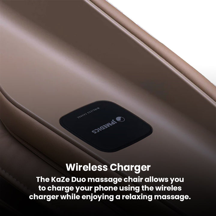JPMedics KaZe Duo Massage Chair with built-in wireless charging pad for smartphones on the armrest.