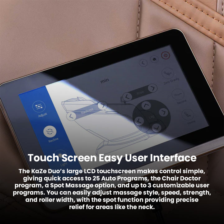 JPMedics KaZe Duo Massage Chair responsive touchscreen tablet showing full-body control and customization settings.