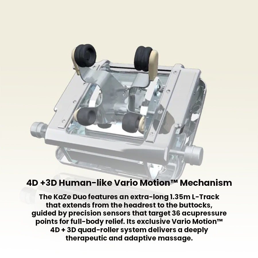 JPMedics KaZe Duo Massage Chair detailed render of dual-action massage roller unit for deep-tissue relief.