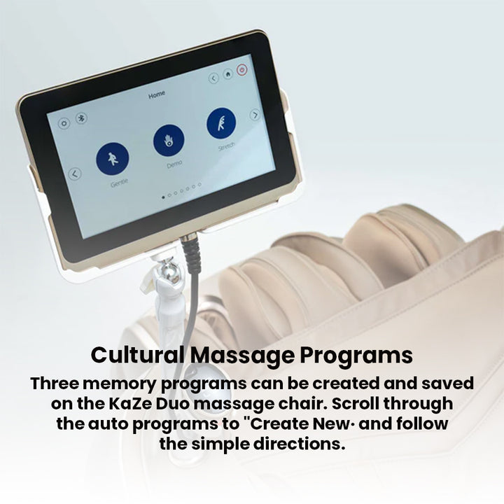 JPMedics KaZe Duo Massage Chair mounted touchscreen tablet and precision joystick controller for easy navigation.