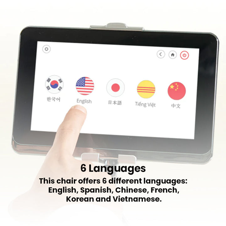 JPMedics KaZe Duo Massage Chair multilingual touchscreen control panel with language options. 