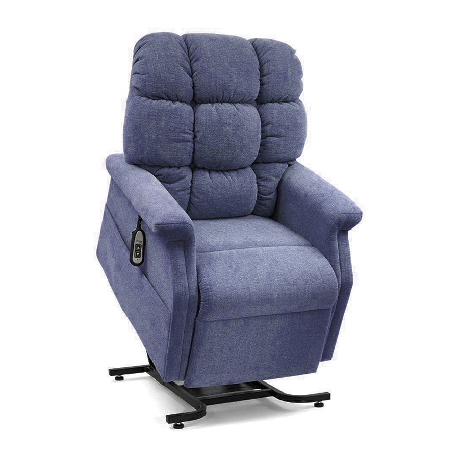UltraComfort UC480 Aurora Medium 1 Zone 3-Position Lift Chair (400lbs)  in Oxford Blue shown in lift position with two-button remote for easy stand-assist