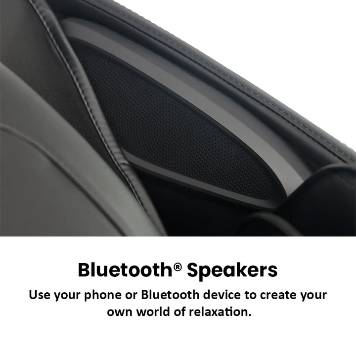Kyota Zenyu M338 Massage Chair in black with close-up of built-in Bluetooth speaker on side panel.
