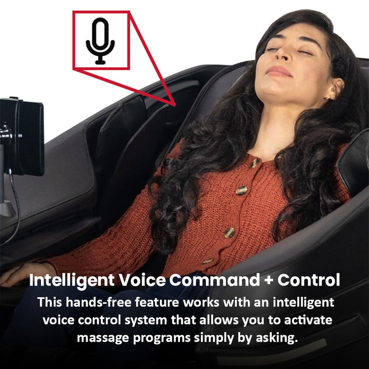 Kyota Zenyu M338 Massage Chair in black with woman relaxing - built-in voice control activated.