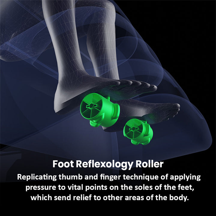 Kyota Zenyu M338 Massage Chair with reflexology foot rollers shown in a digital overlay.