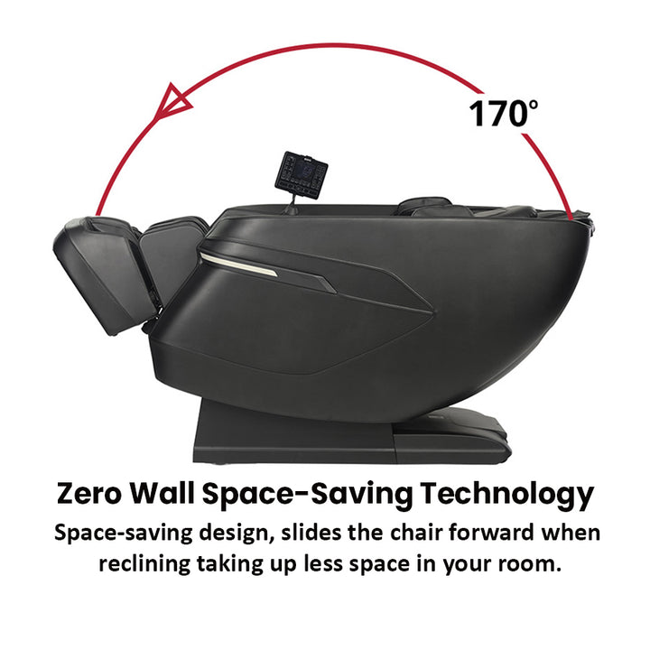 Kyota Zenyu M338 Massage Chair in black shown reclining to 170 degrees for zero gravity positioning.