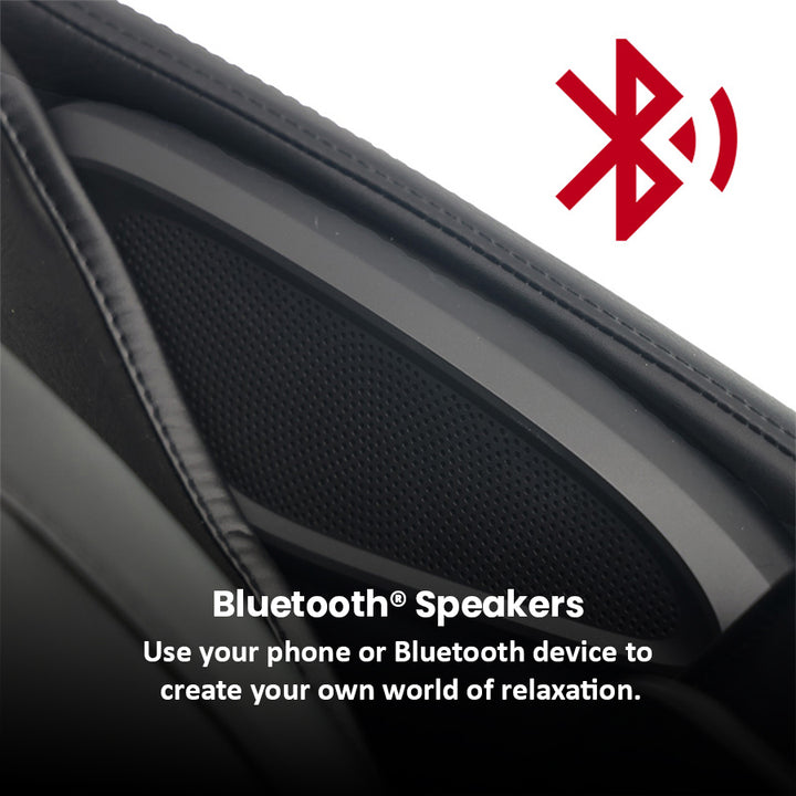 Kyota Zenyu M338 Massage Chair in black with close-up of integrated Bluetooth speaker.