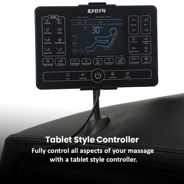 Kyota Zenyu M338 Massage Chair in black featuring close-up of touchscreen remote with full body auto programs.