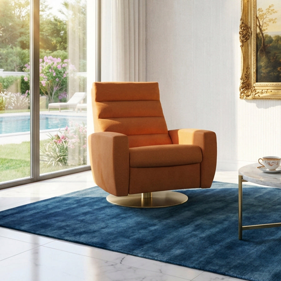 American Leather Lanier Comfort Air in orange with swivel base in modern living room setting from Wish Rock Relaxation