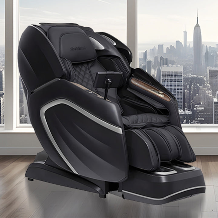 AmaMedic Hilux 4D massage chair in black on outdoor patio setting from Wish Rock Relaxation.