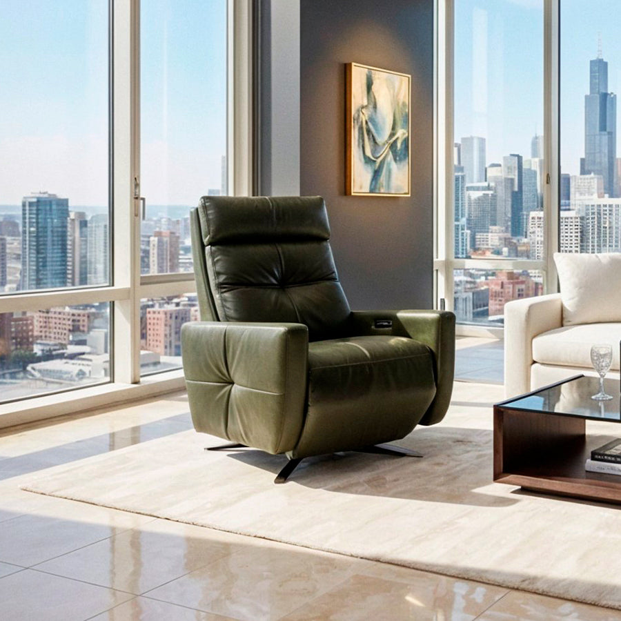 American Leather Rainier Comfort Solace Zero Gravity Power Recliner in olive styled in a high-rise living room from Wish Rock Relaxation