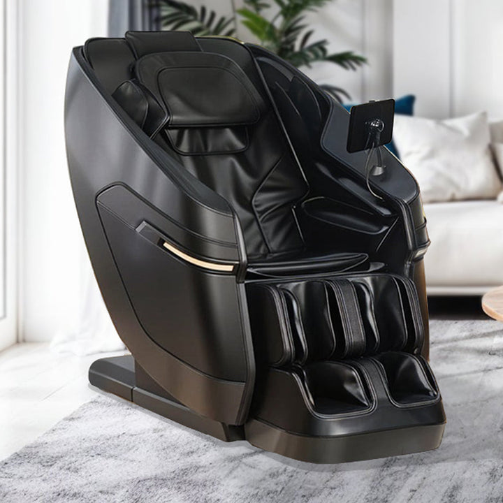 Kyota Zenyu M338 Massage Chair in sleek black finish featured in a modern, cozy living room from Wish Rock Relaxation.