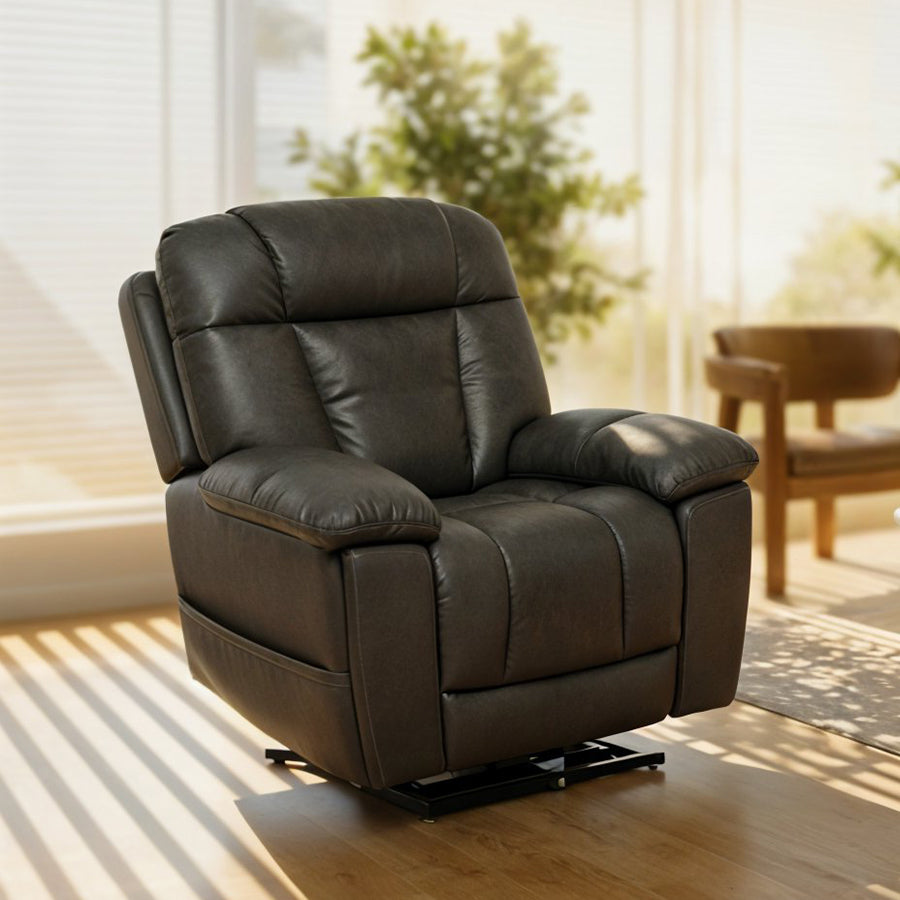 Mega Motion MM-8945 iNFI IMMERSE Infinite Position Lift Chair in smoke in a sunlit modern living room from Wish Rock Relaxation.
