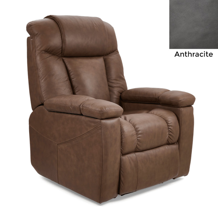 UltraCozy UC677 by UltraComfort™ Large 5-Zone Power Recliner in Umber color with Top Grain Leather Anthracite swatch on the upper right corner