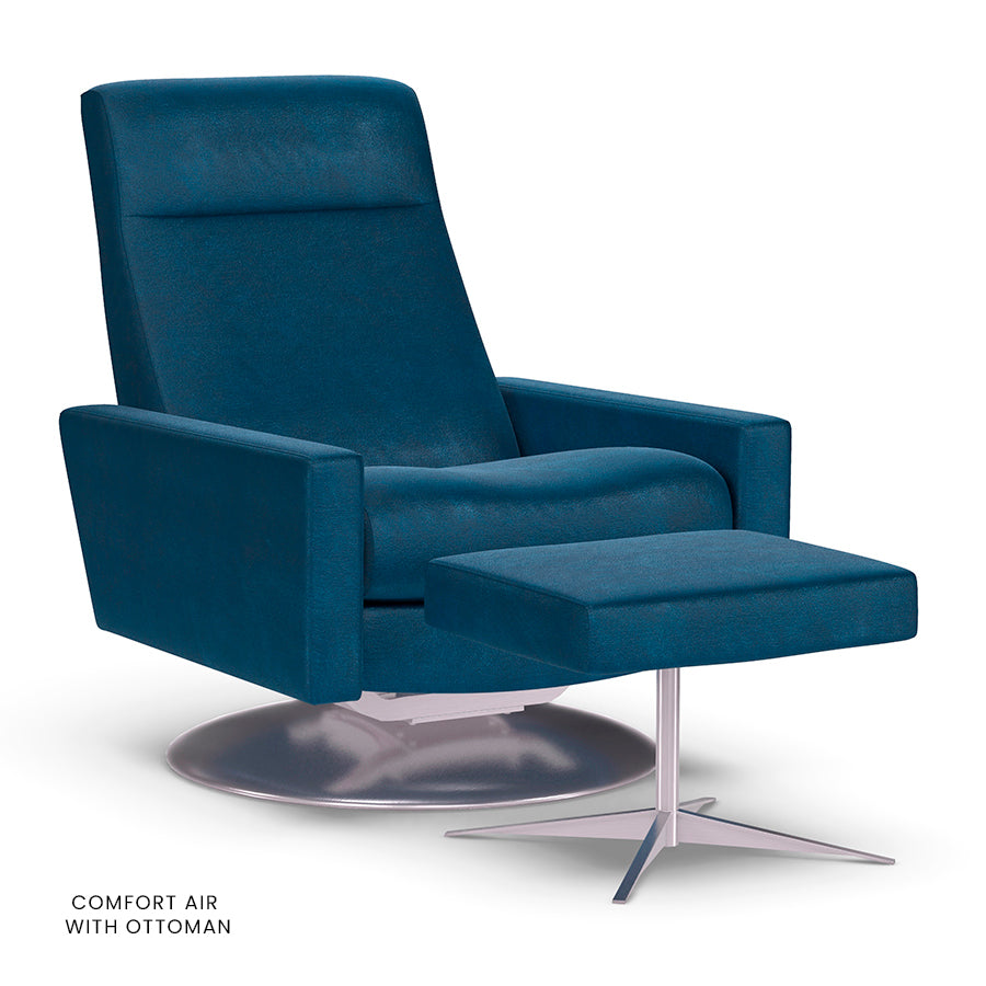 American Leather Cloud Comfort Air chair in blue with matching ottoman on swivel base.