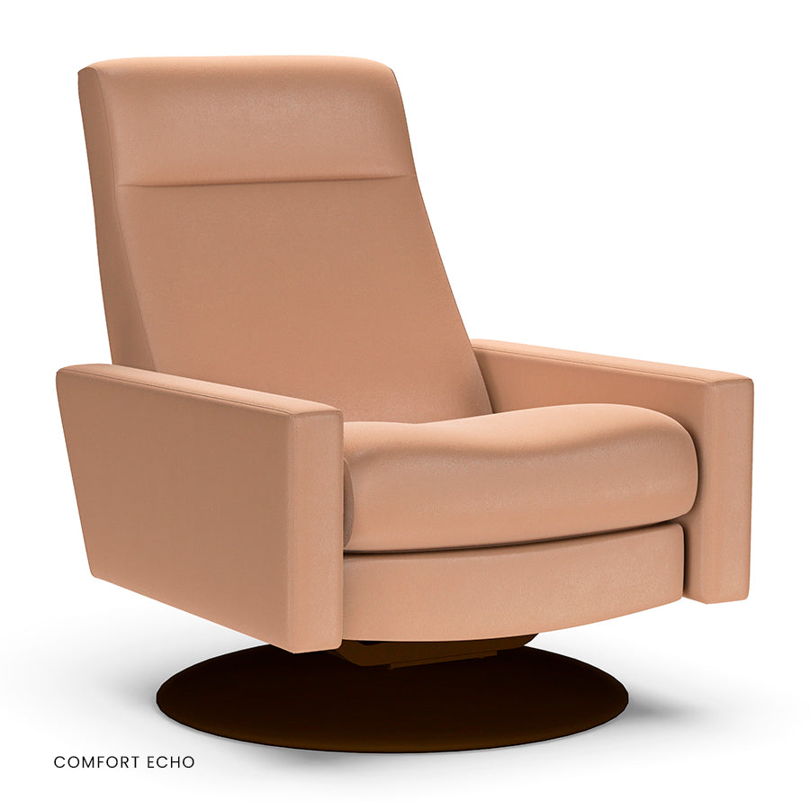 American Leather Cloud Comfort Echo recliner in tan with disc base.