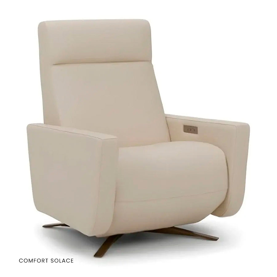 American Leather Cloud Comfort Solace recliner in cream with in-arm controls visible.