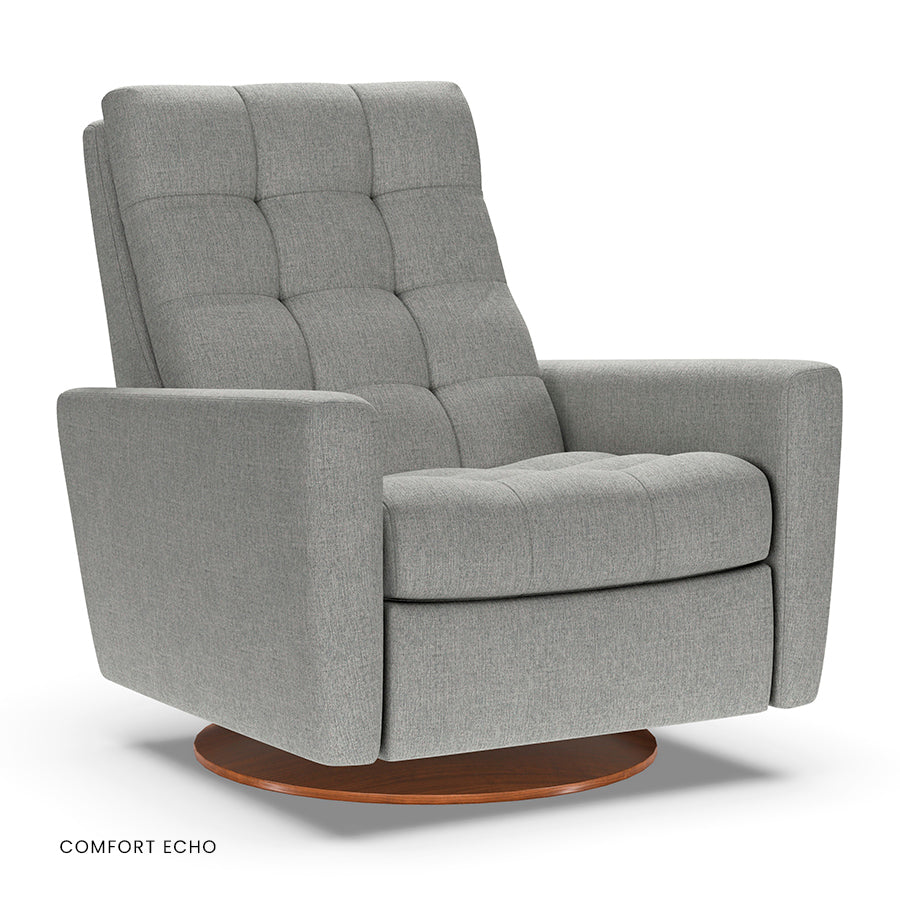 American Leather Como Comfort Echo recliner in gray with tufted back and disc base.