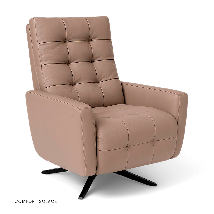 American Leather Como Comfort Solace recliner in beige with tufted back on four-star base.