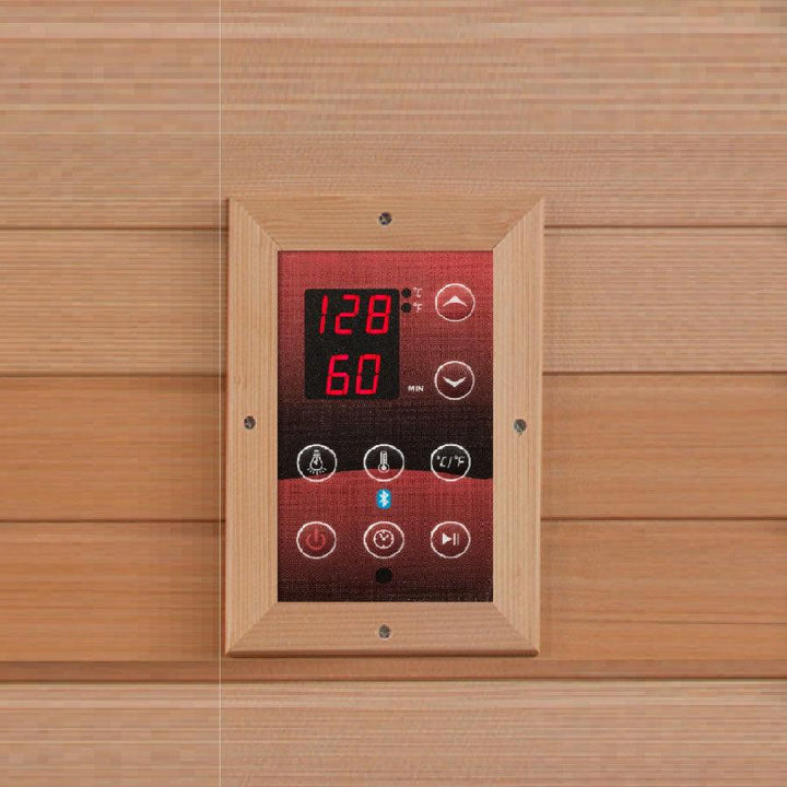 Dynamic Llumeneres 2-Person Ultra Low EMF FAR Infrared Sauna - Canadian Hemlock Interior digital control panel for temperature, timer, lighting, and Bluetooth audio settings.