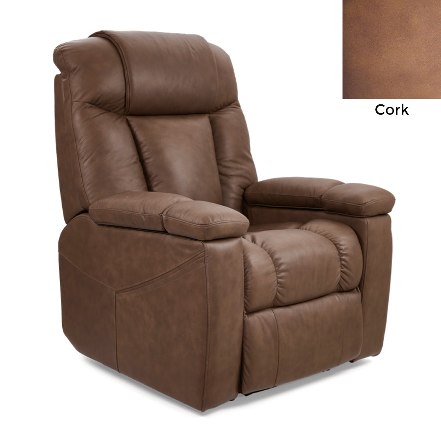 UltraCozy UC677 by UltraComfort™ Medium 5-Zone Power Recliner in Umber color with a swatch of Top Grain Leather Cork on the upper right corner