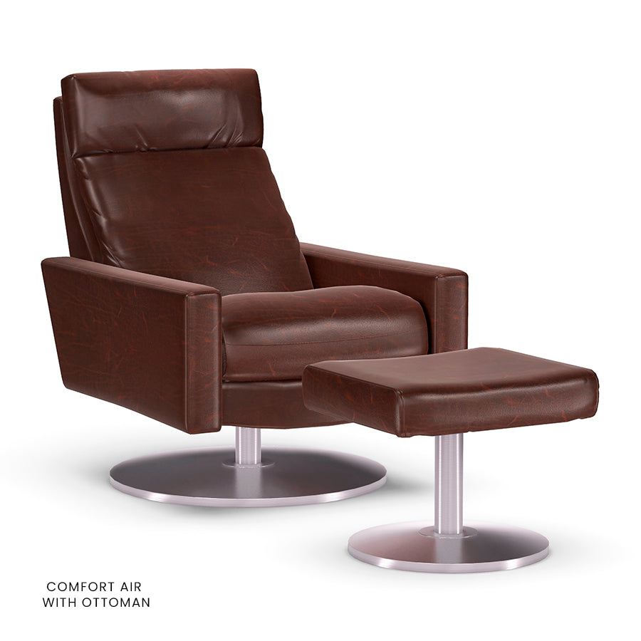 American Leather Cumulus Comfort Air chair in brown with matching ottoman on disc base.