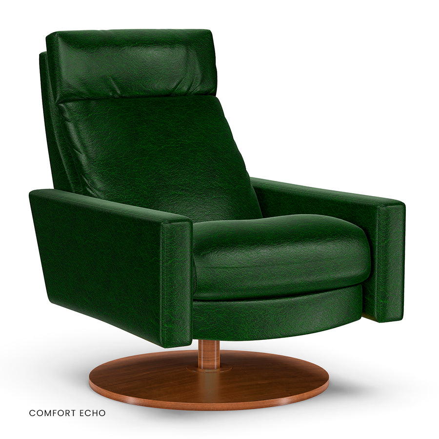 American Leather Cumulus Comfort Echo recliner in green with wooden disc base.