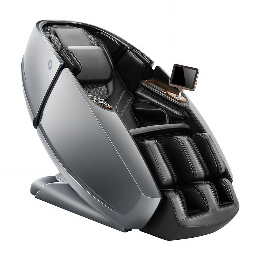 Daiwa Supreme Hybrid X massage chair in silver color, shown from a three-quarter angle in the upright position from Wish Rock Relaxation