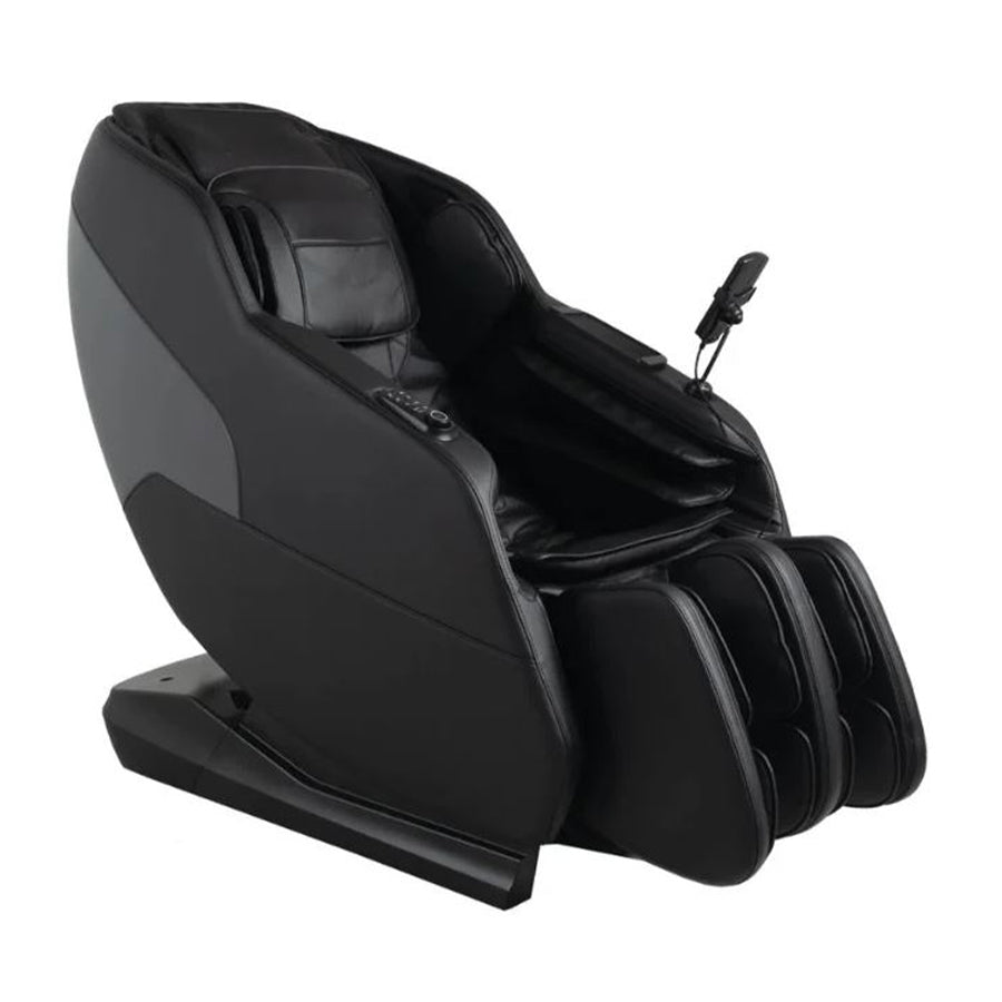 Three-quarter front view of the black Daiwa iLift massage chair with the footrest extended. From Wish Rock Relaxation