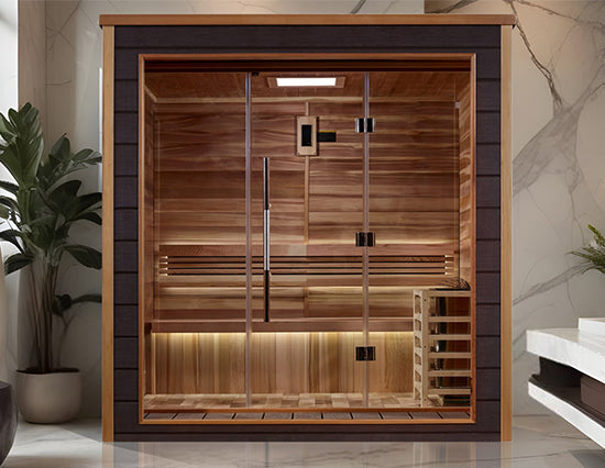 Golden Designs "Drammen" 3 Person Outdoor Traditional Sauna in Canadian red cedar placed in a modern marble-accented room from Wish Rock Relaxation 