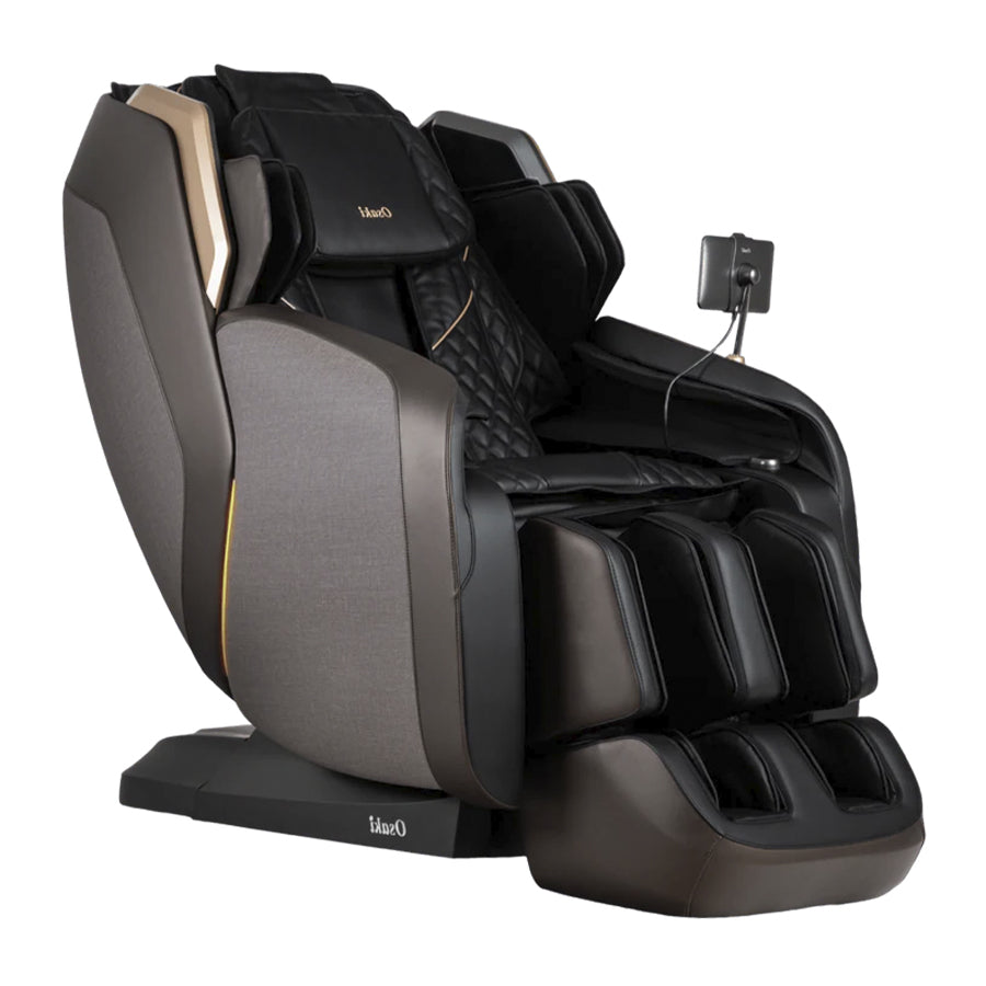 Osaki Duke XL 4D Massage Chair in black angled front view with tablet controller and leg massager.