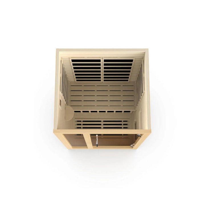 Dynamic Llumeneres 2-Person Ultra Low EMF FAR Infrared Sauna - Canadian Hemlock Top-down view of the Dynamic Llumeneres sauna showing interior bench, wall heaters, and ceiling slats.